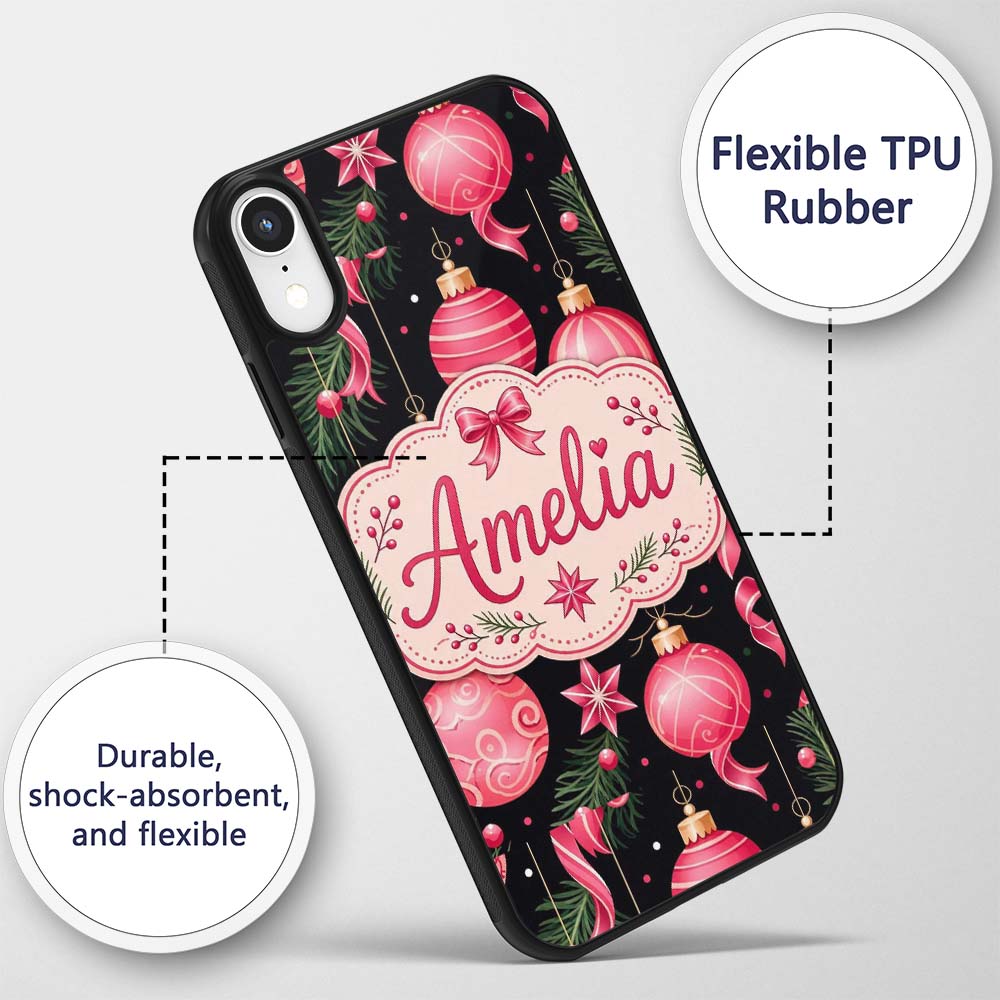 Elegant Red Baubles Ribbon Holly Black Seamless Custom Name Protective Phone Case Mobile Cover Durable Everyday Smartphone Shock Resistant
