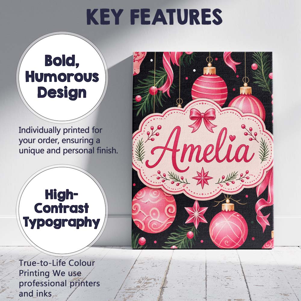 Personalised Name Elegant Red Baubles Custom Modern Room Accent Creative Decorator Style Canvas Wall Art Print Decor Picture Ready to Hang