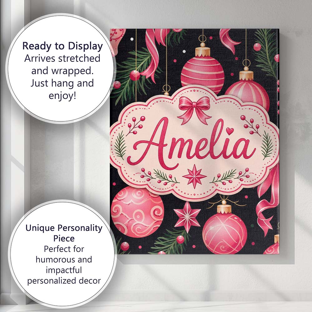 Personalised Name Elegant Red Baubles Custom Modern Room Accent Creative Decorator Style Canvas Wall Art Print Decor Picture Ready to Hang