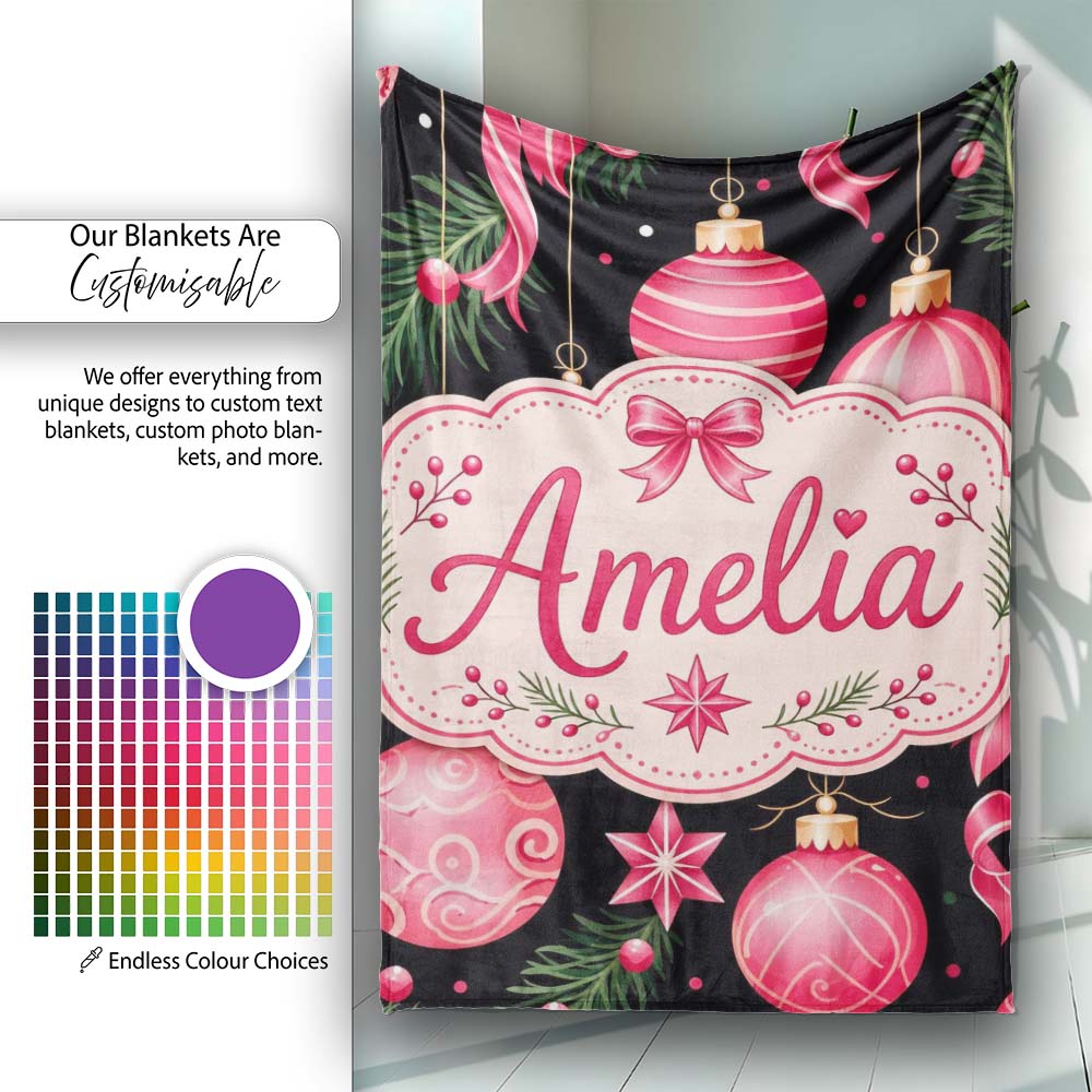 Elegant Red Baubles Ribbon Holly Black Seamless Pattern Lovely Personalised Custom Name Super Soft Fleece Blanket Bed Sofa Throw