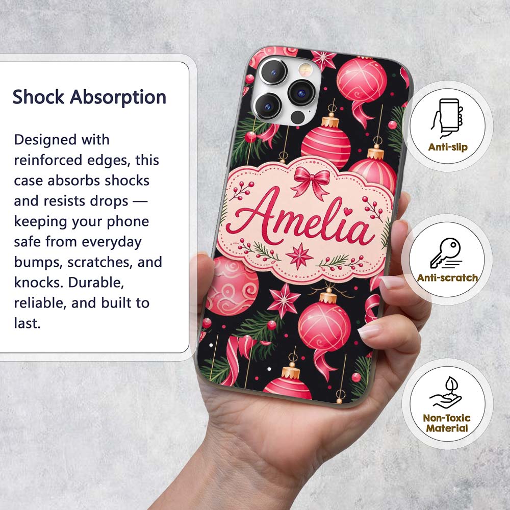 Elegant Red Baubles Ribbon Holly Black Seamless Custom Name Protective Phone Case Mobile Cover Durable Everyday Smartphone Shock Resistant