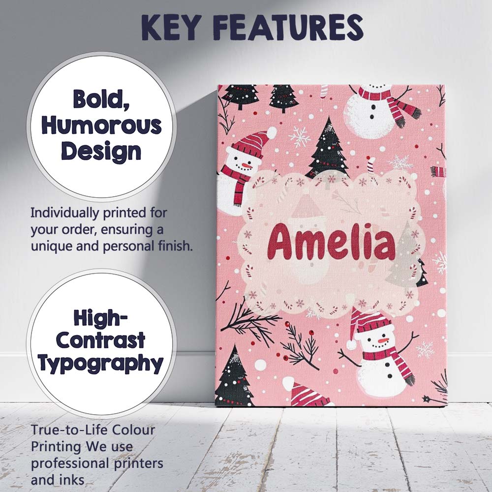 Personalised Name Cute Snowman Candy Cane Custom Unique Gift Idea Elegant Feature Canvas Wall Art Print Decor Picture Ready to Hang