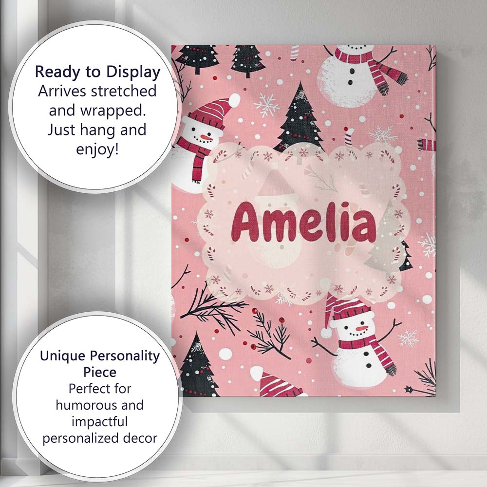 Personalised Name Cute Snowman Candy Cane Custom Unique Gift Idea Elegant Feature Canvas Wall Art Print Decor Picture Ready to Hang