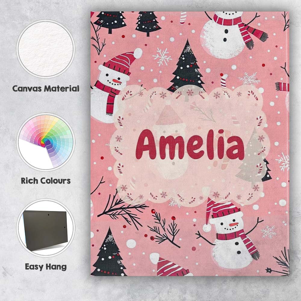 Personalised Name Cute Snowman Candy Cane Custom Unique Gift Idea Elegant Feature Canvas Wall Art Print Decor Picture Ready to Hang