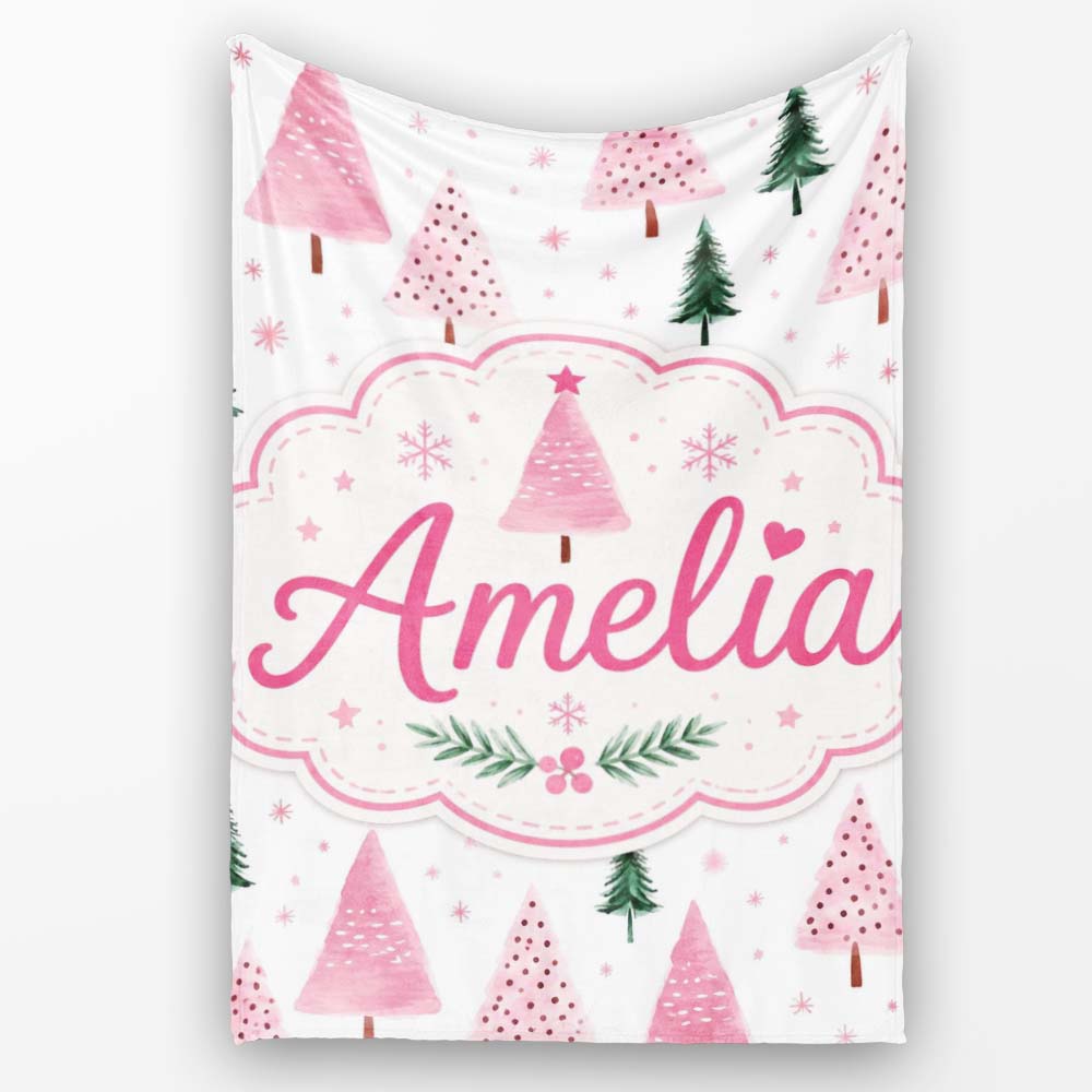 Watercolor Pink Green Christmas Trees Seamless Pattern Lovely Personalised Custom Name Super Soft Fleece Blanket Bed Sofa Throw
