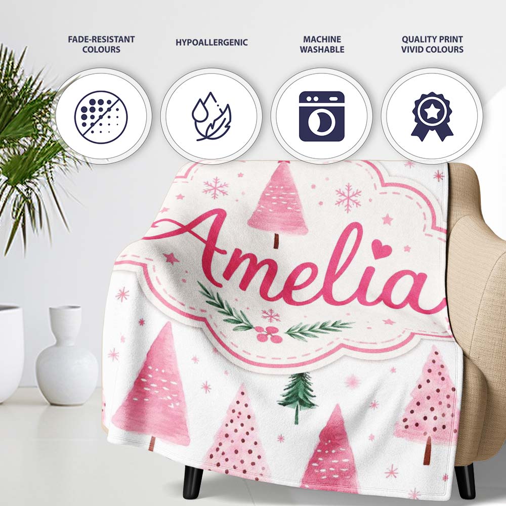 Watercolor Pink Green Christmas Trees Seamless Pattern Lovely Personalised Custom Name Super Soft Fleece Blanket Bed Sofa Throw