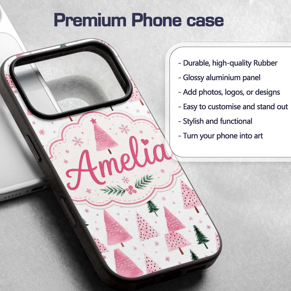 Watercolor Pink Green Christmas Trees Seamless Custom Name Protective Phone Case Mobile Cover Durable Everyday Smartphone Shock Resistant