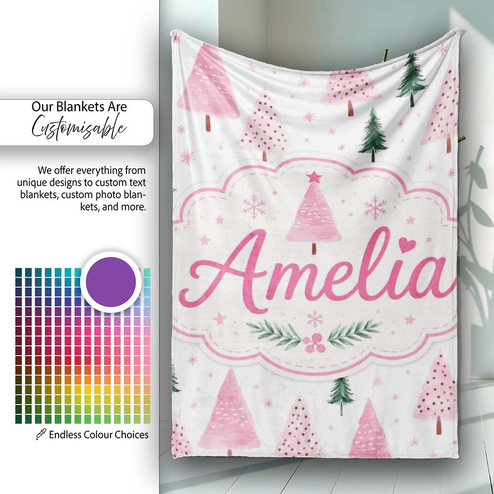 Watercolor Pink Green Christmas Trees Seamless Pattern Lovely Personalised Custom Name Super Soft Fleece Blanket Bed Sofa Throw