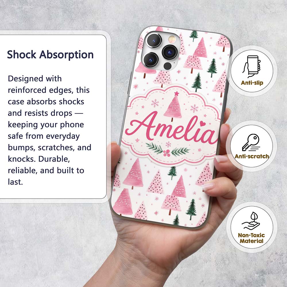 Watercolor Pink Green Christmas Trees Seamless Custom Name Protective Phone Case Mobile Cover Durable Everyday Smartphone Shock Resistant
