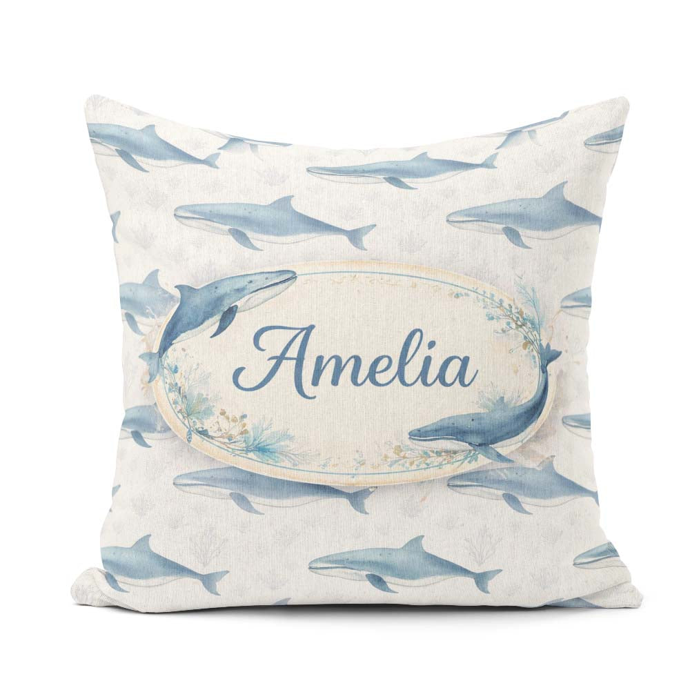 Custom Name Watercolor Blue Beluga Whale Seamless Pattern Marine Square Filled Cushion Throw Pillow Sofa Bed Home Decor Zip Washable UK Made