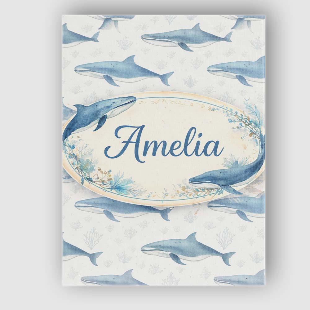 Personalised Name Watercolor Blue Beluga Whale Seamless Pattern Custom Statement Canvas Wall Art Print Decor Picture Ready to Hang