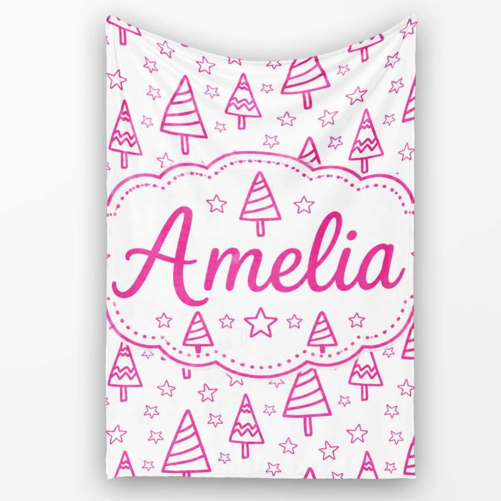 Minimal Pink Christmas Tree Star Seamless Pattern Cute Unique Gift Personalised Custom Name Super Soft Fleece Blanket Bed Sofa Throw
