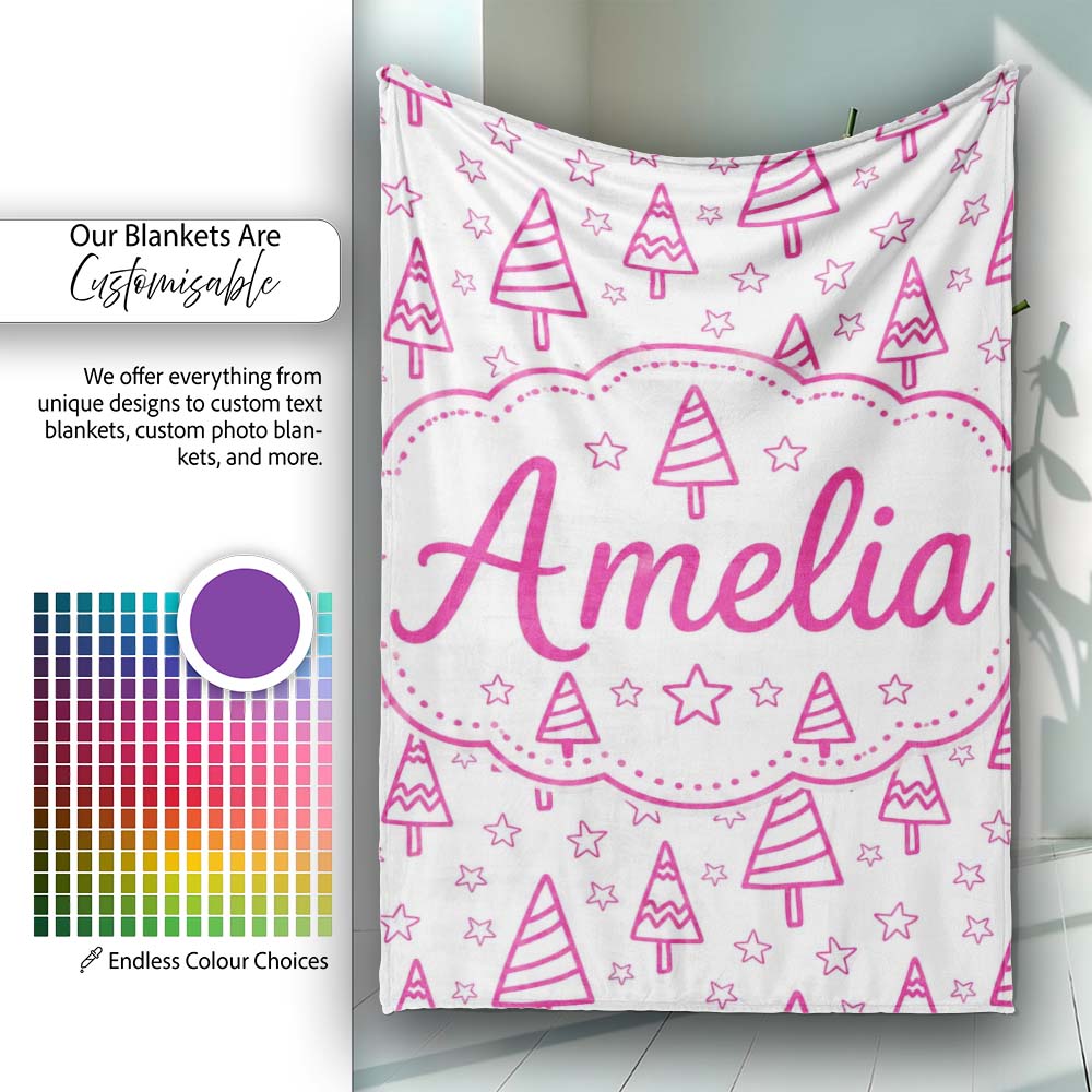Minimal Pink Christmas Tree Star Seamless Pattern Cute Unique Gift Personalised Custom Name Super Soft Fleece Blanket Bed Sofa Throw