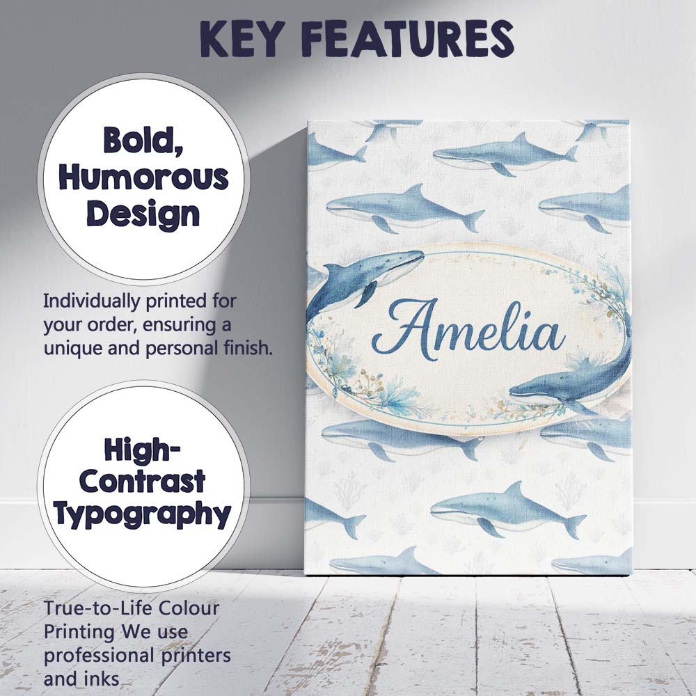 Personalised Name Watercolor Blue Beluga Whale Seamless Pattern Custom Statement Canvas Wall Art Print Decor Picture Ready to Hang