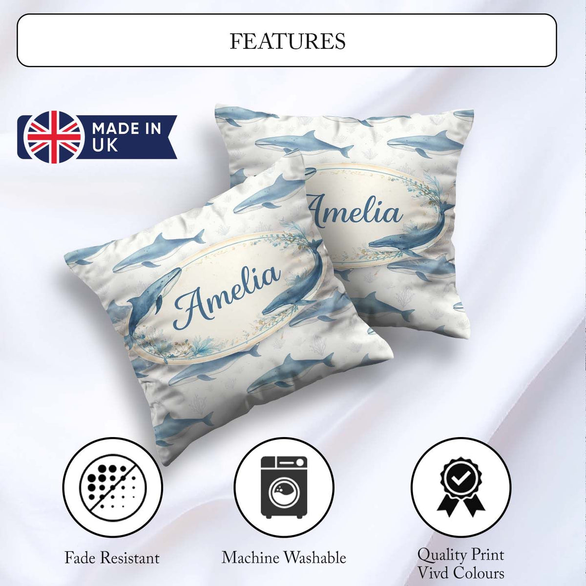 Custom Name Watercolor Blue Beluga Whale Seamless Pattern Marine Square Filled Cushion Throw Pillow Sofa Bed Home Decor Zip Washable UK Made