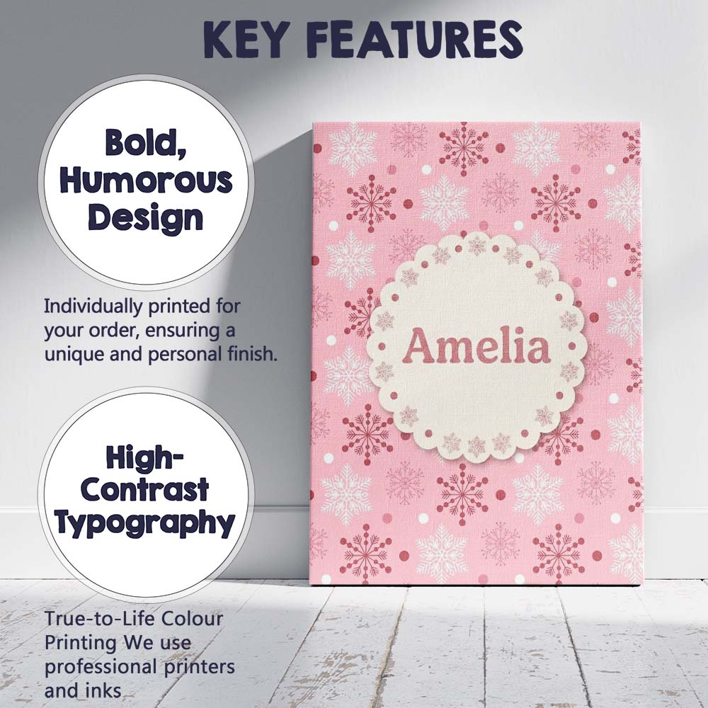 Personalised Name Soft Pink White Snowflake Custom Bespoke Interior Contemporary Canvas Wall Art Print Decor Picture Ready to Hang