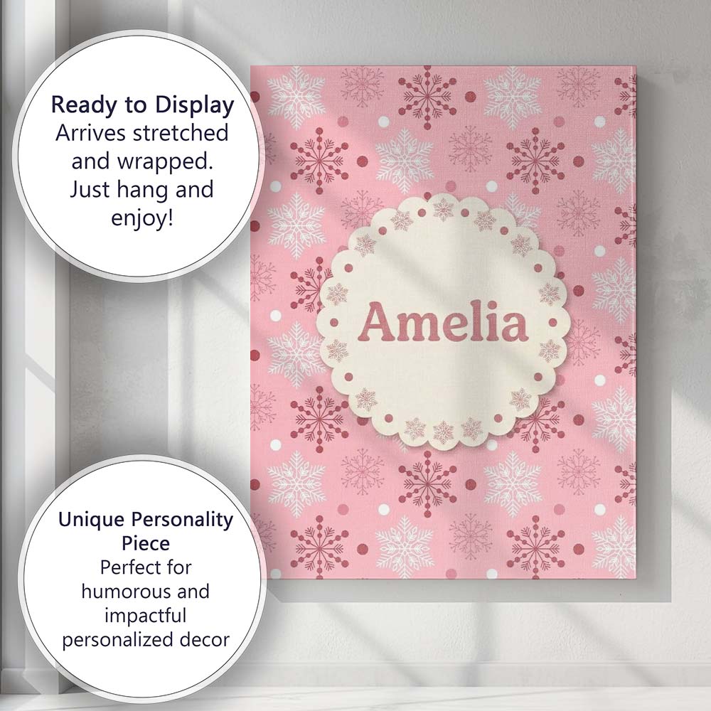 Personalised Name Soft Pink White Snowflake Custom Bespoke Interior Contemporary Canvas Wall Art Print Decor Picture Ready to Hang