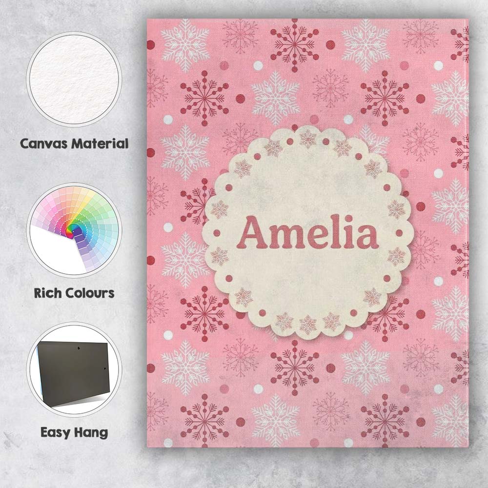 Personalised Name Soft Pink White Snowflake Custom Bespoke Interior Contemporary Canvas Wall Art Print Decor Picture Ready to Hang