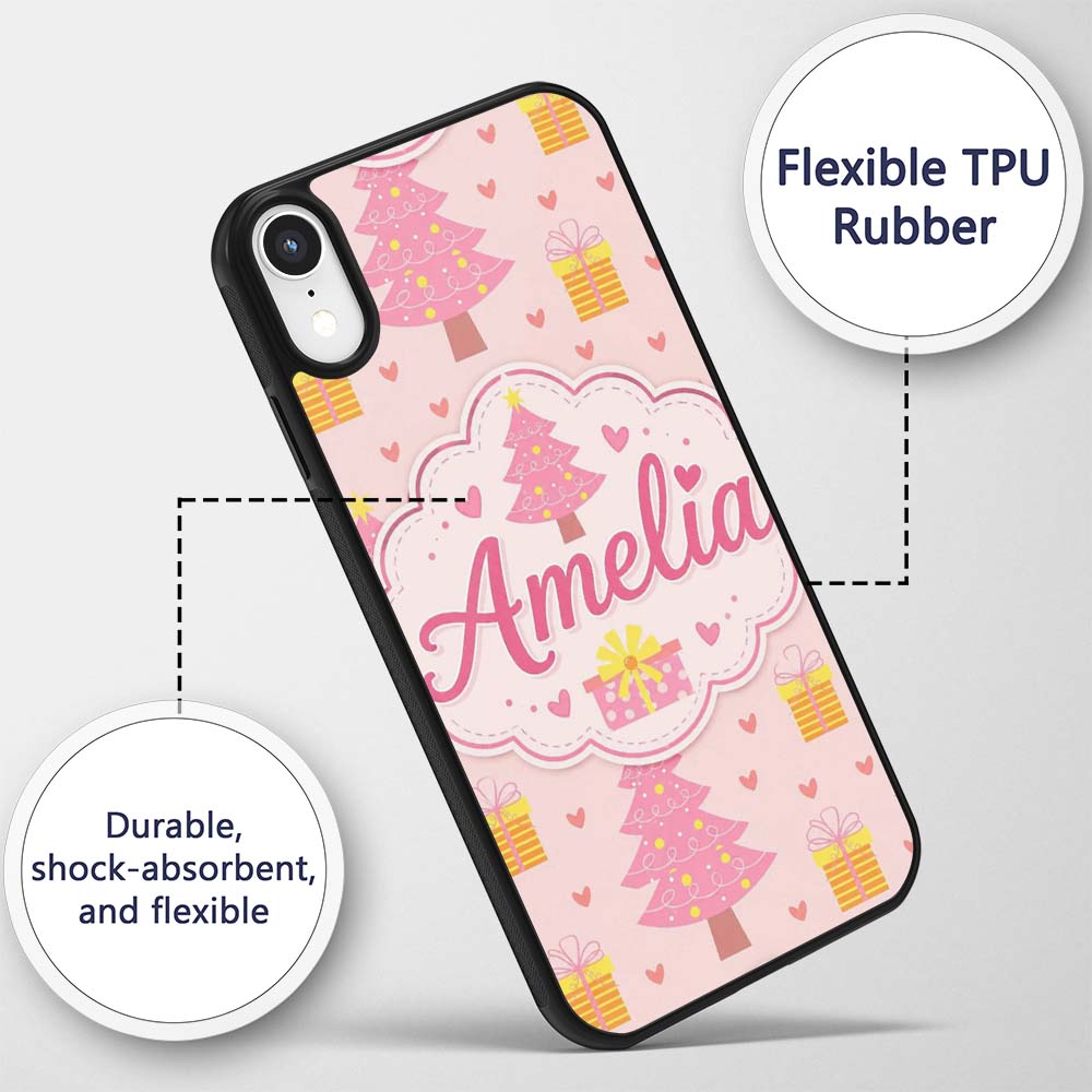 Cute Pink Christmas Tree Gift Box Heart Seamless Custom Name Protective Phone Case Mobile Cover Durable Everyday Smartphone Shock Resistant