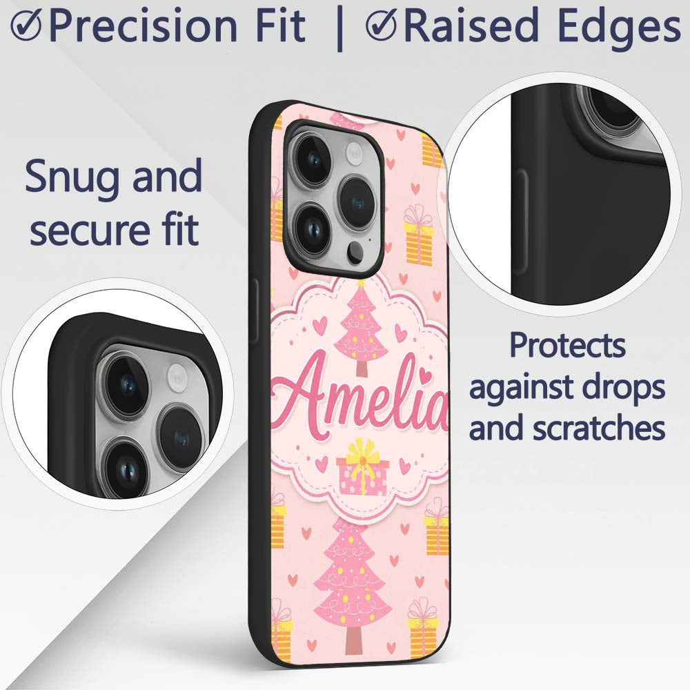 Cute Pink Christmas Tree Gift Box Heart Seamless Custom Name Protective Phone Case Mobile Cover Durable Everyday Smartphone Shock Resistant