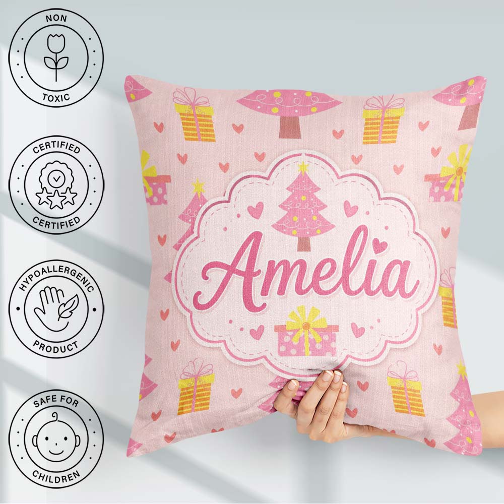 Custom Name Cute Pink Christmas Tree Box Heart Seamless Pattern Square Filled Cushion Throw Pillow Sofa Bed Home Decor Zip Washable UK Made