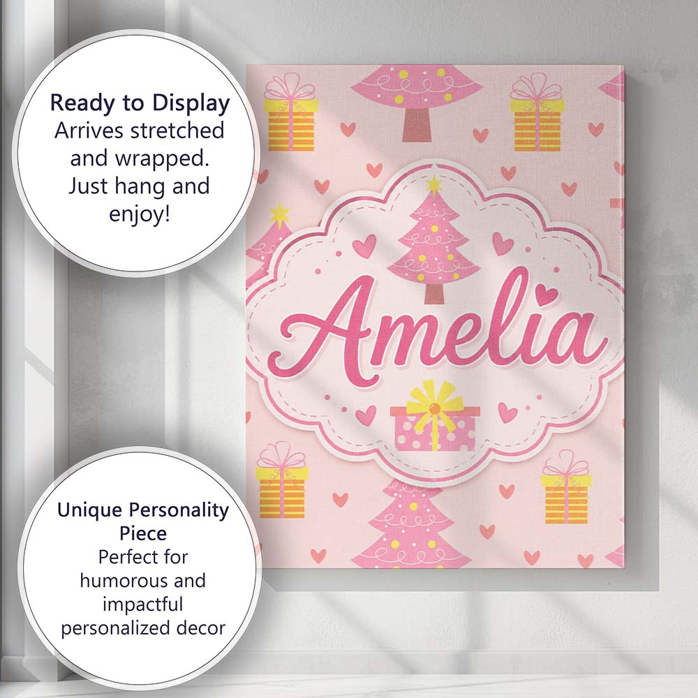 Personalised Name Cute Pink Christmas Tree Custom Unique Gift Idea Elegant Feature Canvas Wall Art Print Decor Picture Ready to Hang