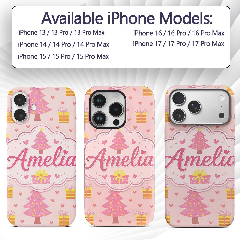 Cute Pink Christmas Tree Gift Box Heart Seamless Custom Name Protective Phone Case Mobile Cover Durable Everyday Smartphone Shock Resistant