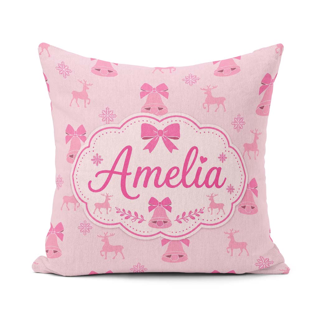 Custom Name Pink Bell Bow Reindeer Snowflake Christmas Seamless Square Filled Cushion Throw Pillow Sofa Bed Home Decor Zip Washable UK Made