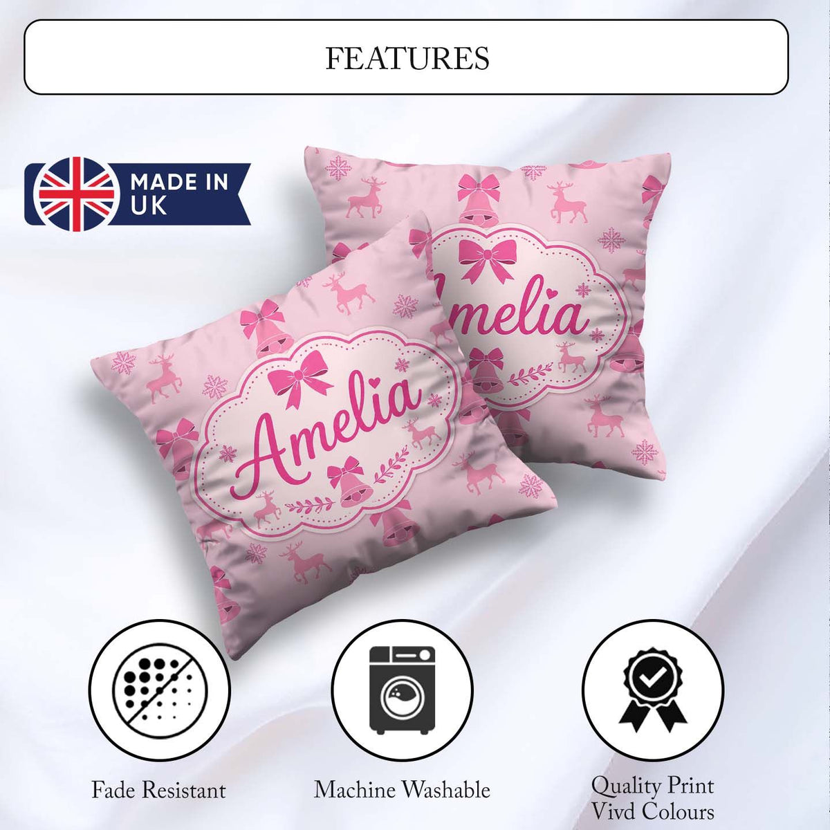 Custom Name Pink Bell Bow Reindeer Snowflake Christmas Seamless Square Filled Cushion Throw Pillow Sofa Bed Home Decor Zip Washable UK Made