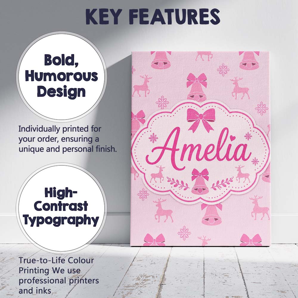 Personalised Name Pink Bell Bow Reindeer Custom Unique Gift Idea Elegant Feature Canvas Wall Art Print Decor Picture Ready to Hang