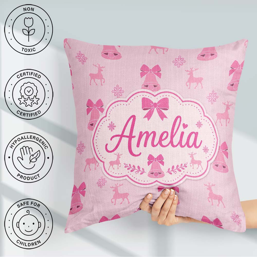 Custom Name Pink Bell Bow Reindeer Snowflake Christmas Seamless Square Filled Cushion Throw Pillow Sofa Bed Home Decor Zip Washable UK Made