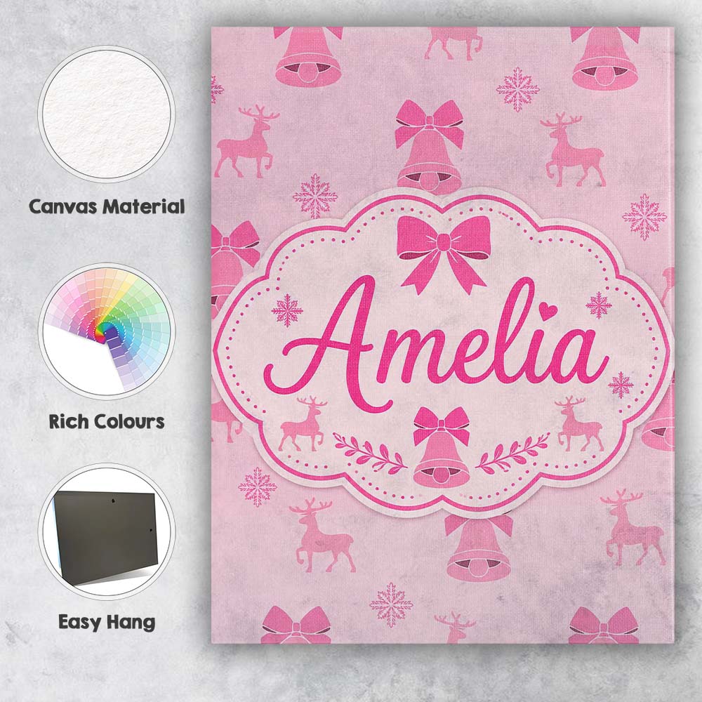 Personalised Name Pink Bell Bow Reindeer Custom Unique Gift Idea Elegant Feature Canvas Wall Art Print Decor Picture Ready to Hang