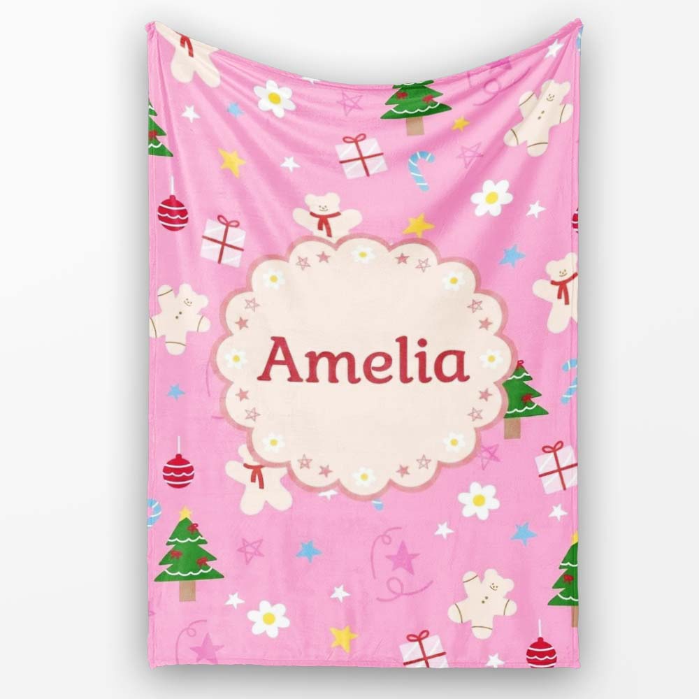 Cute Christmas Gingerbread Tree Candy Star Seamless Pattern Lovely Personalised Custom Name Super Soft Fleece Blanket Bed Sofa Throw