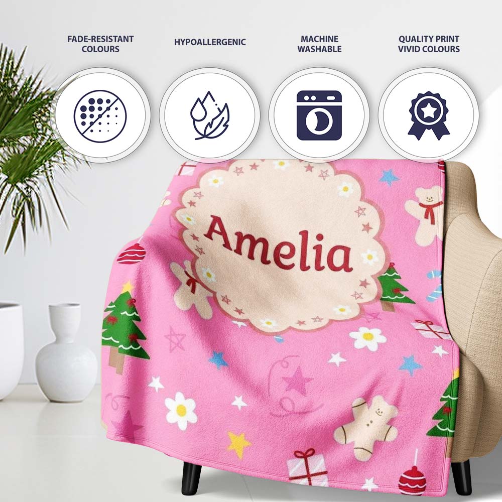 Cute Christmas Gingerbread Tree Candy Star Seamless Pattern Lovely Personalised Custom Name Super Soft Fleece Blanket Bed Sofa Throw