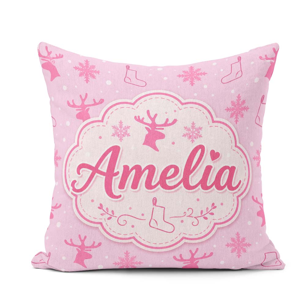Custom Name Minimal Reindeer Snowflake Stocking Seamless Pattern Square Filled Cushion Throw Pillow Sofa Bed Home Decor Zip Washable UK Made