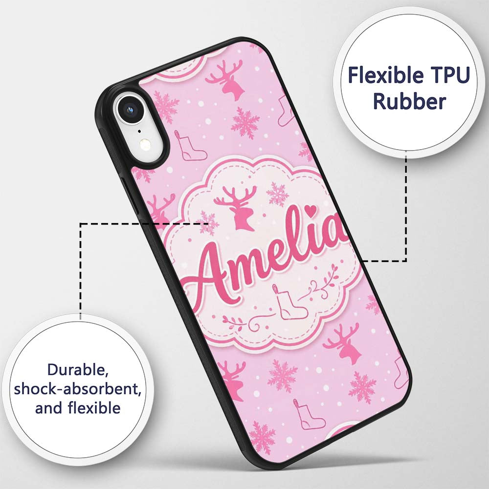 Minimal Pink Reindeer Snowflake Stocking Seamless Custom Name Protective Phone Case Mobile Cover Durable Everyday Smartphone Shock Resistant