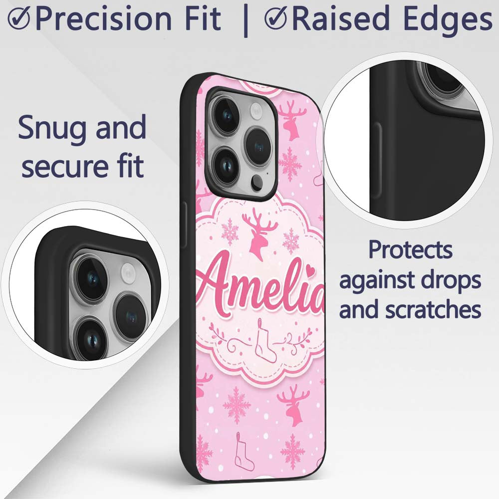 Minimal Pink Reindeer Snowflake Stocking Seamless Custom Name Protective Phone Case Mobile Cover Durable Everyday Smartphone Shock Resistant