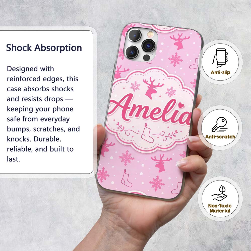 Minimal Pink Reindeer Snowflake Stocking Seamless Custom Name Protective Phone Case Mobile Cover Durable Everyday Smartphone Shock Resistant