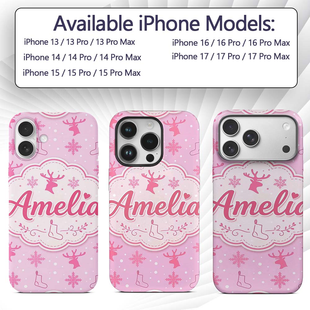Minimal Pink Reindeer Snowflake Stocking Seamless Custom Name Protective Phone Case Mobile Cover Durable Everyday Smartphone Shock Resistant