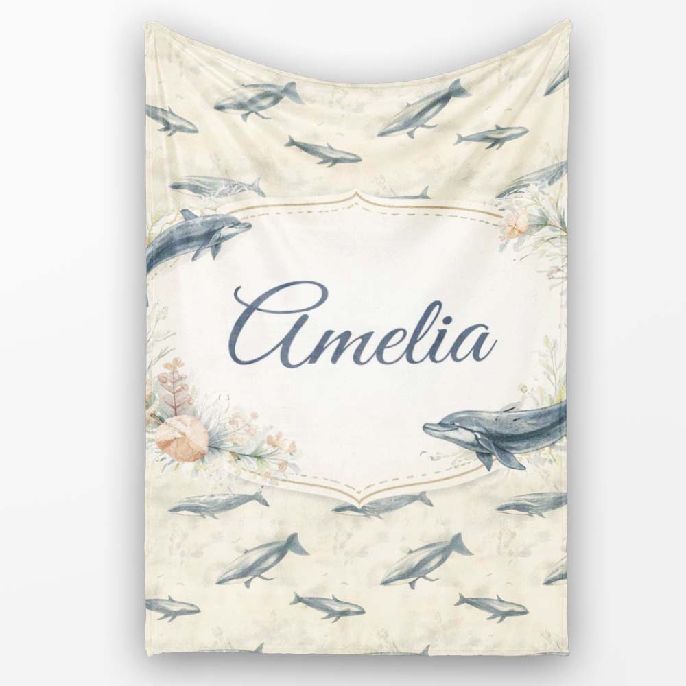 Vintage Whale Seamless Pattern Soft Beige Marine Animal Design Personalised Custom Name Super Soft Fleece Blanket Bed Sofa Throw