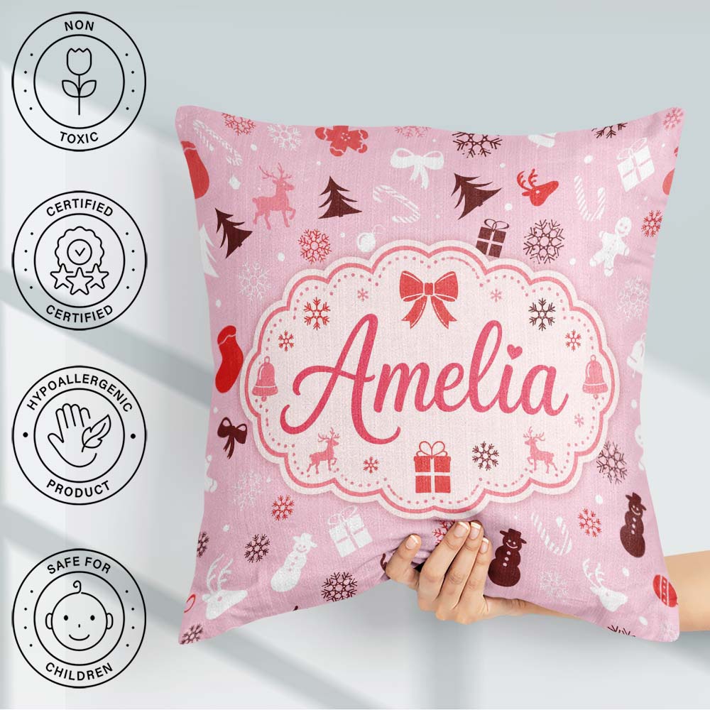 Custom Name Festive Red White Christmas Mixed Seamless Pattern Square Filled Cushion Throw Pillow Sofa Bed Home Decor Zip Washable UK Made