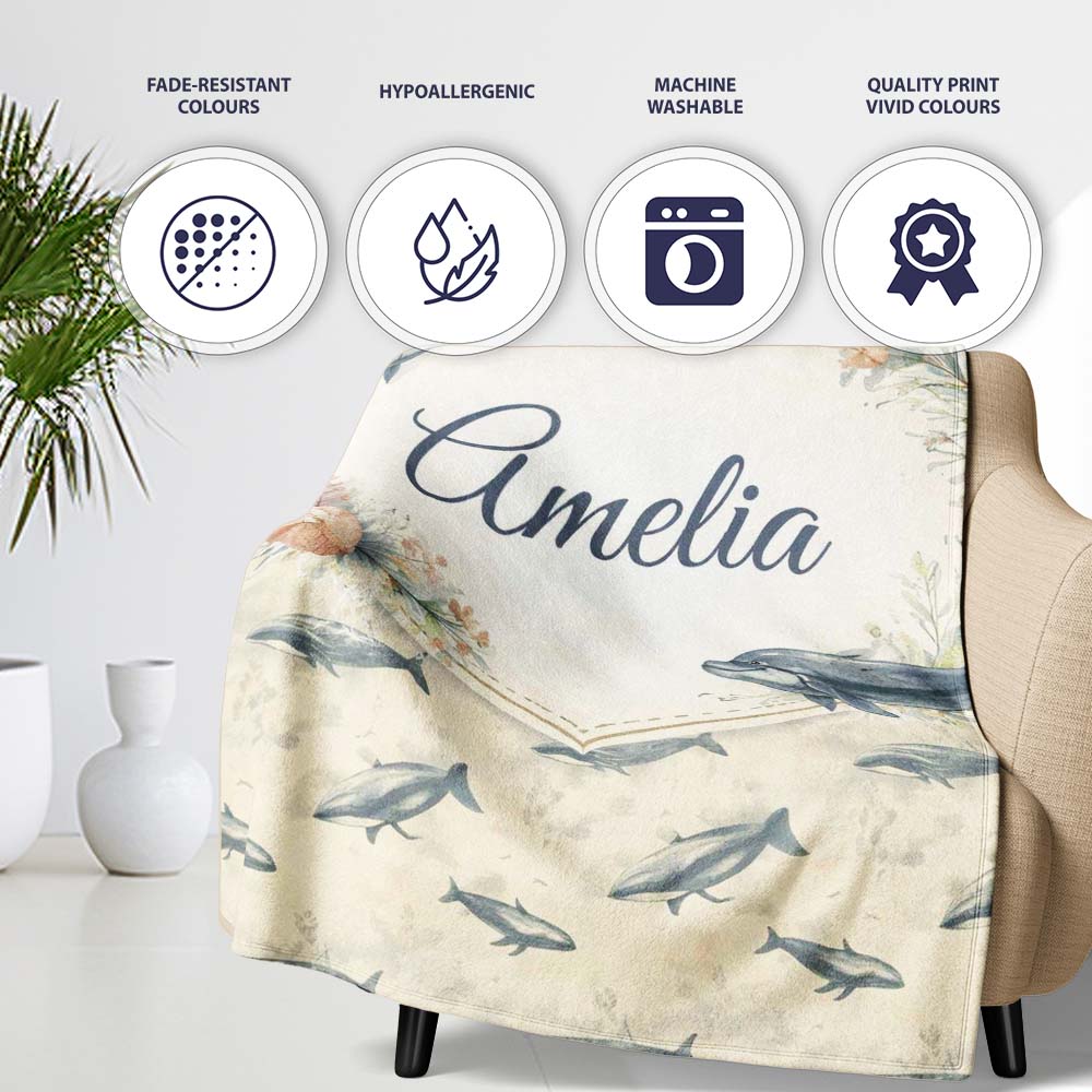 Vintage Whale Seamless Pattern Soft Beige Marine Animal Design Personalised Custom Name Super Soft Fleece Blanket Bed Sofa Throw