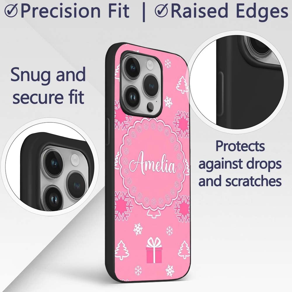 Simple Pink Snowflake Tree Gift Winter Seamless Custom Name Protective Phone Case Mobile Cover Durable Everyday Smartphone Shock Resistant