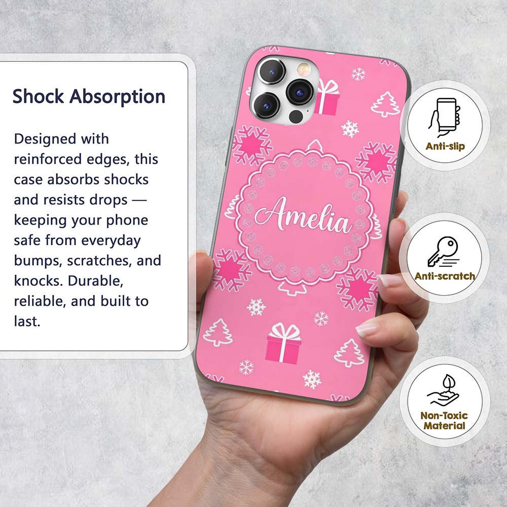 Simple Pink Snowflake Tree Gift Winter Seamless Custom Name Protective Phone Case Mobile Cover Durable Everyday Smartphone Shock Resistant