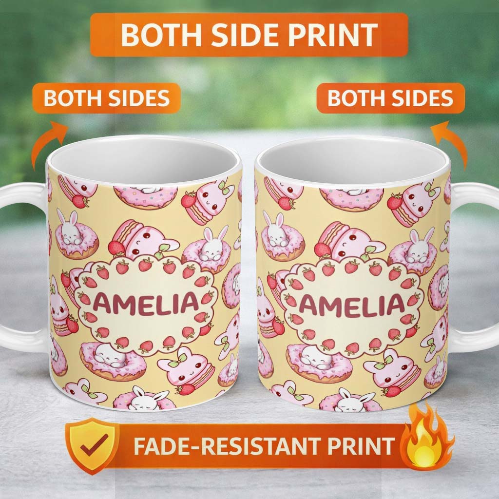 Personalized Custom Name Cute Kawaii Bunny Donuts Strawberry Dessert Pattern Pastel Yellow 11oz Ceramic Coffee Tea Mug White Large Handle