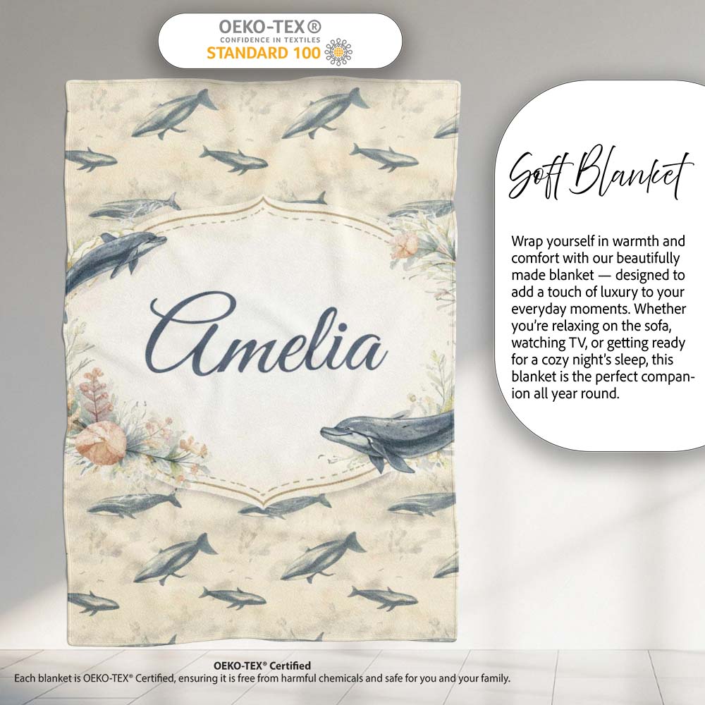 Vintage Whale Seamless Pattern Soft Beige Marine Animal Design Personalised Custom Name Super Soft Fleece Blanket Bed Sofa Throw