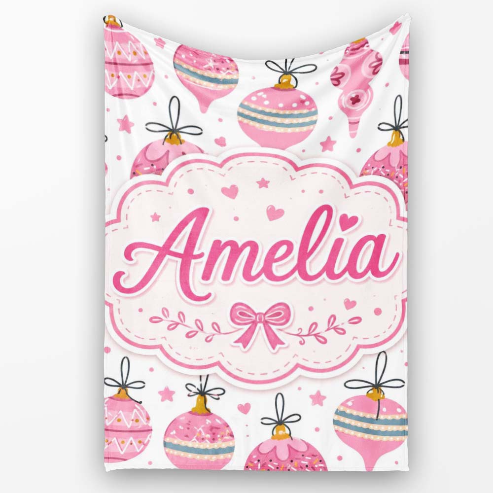 Cute Pink Christmas Baubles Ornament Hanging Seamless Pattern Lovely Personalised Custom Name Super Soft Fleece Blanket Bed Sofa Throw