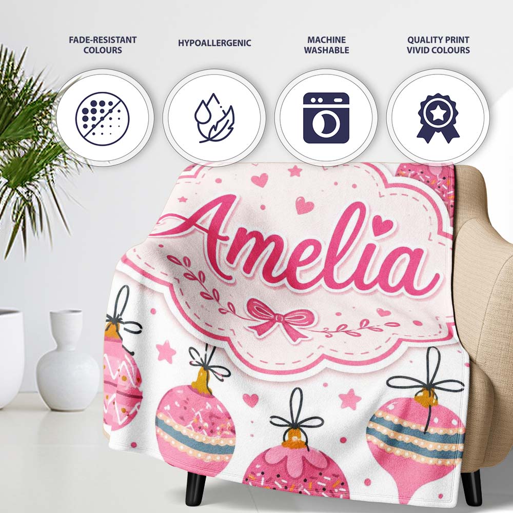 Cute Pink Christmas Baubles Ornament Hanging Seamless Pattern Lovely Personalised Custom Name Super Soft Fleece Blanket Bed Sofa Throw