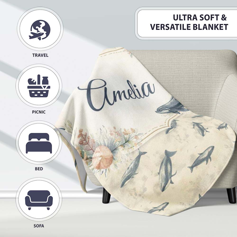 Vintage Whale Seamless Pattern Soft Beige Marine Animal Design Personalised Custom Name Super Soft Fleece Blanket Bed Sofa Throw