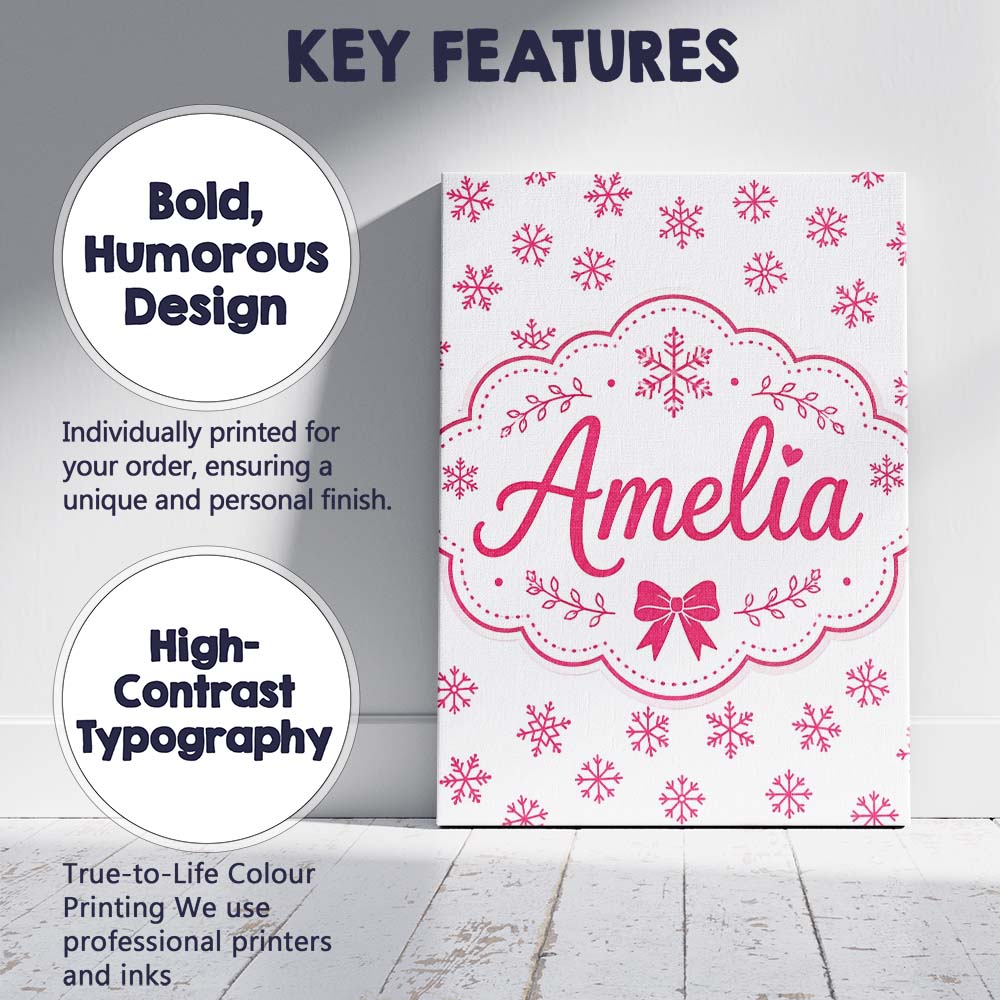 Personalised Name Minimal Pink Snowflake Custom Unique Gift Idea Elegant Feature Canvas Wall Art Print Decor Picture Ready to Hang